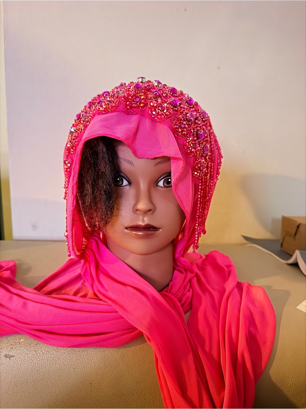 Embellished Hot Pink Beaded Hijab Scarf